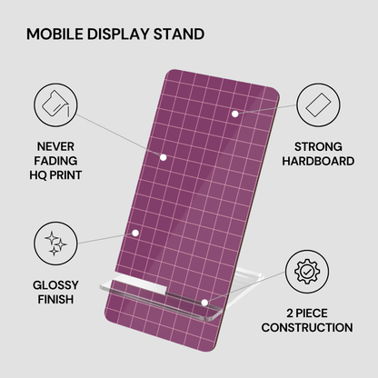 Purple grid-patterned mobile display stand with features listed on a gray background