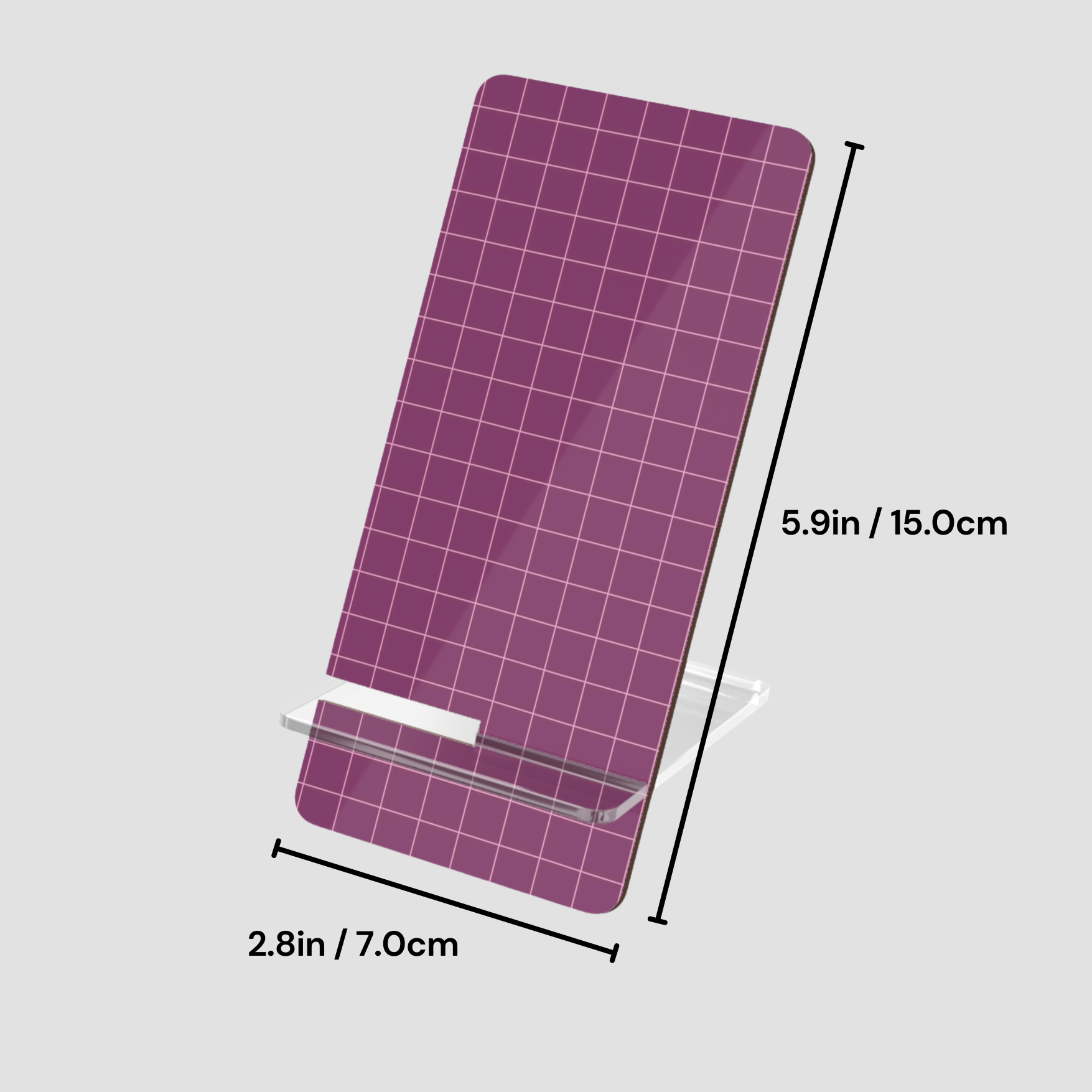Purple grid-patterned product with dimensions on a light gray background