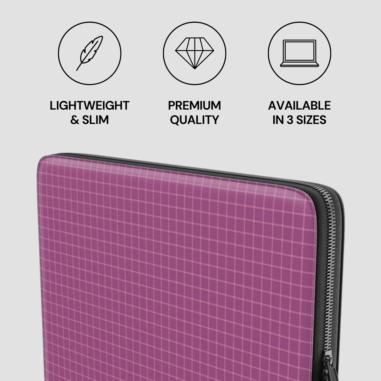 Purple grid-patterned laptop sleeve with icons and text on a light gray background