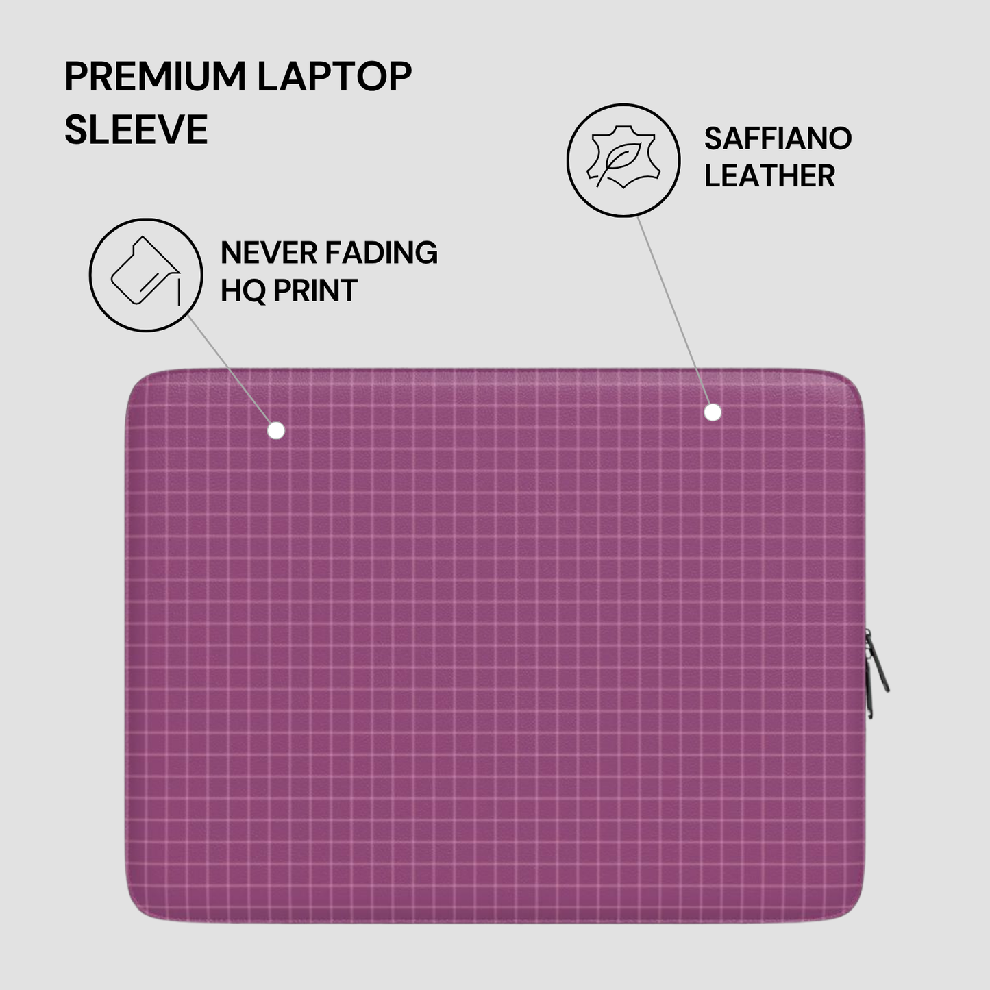Purple laptop sleeve with saffiano leather finish and text highlighting features on a gray background