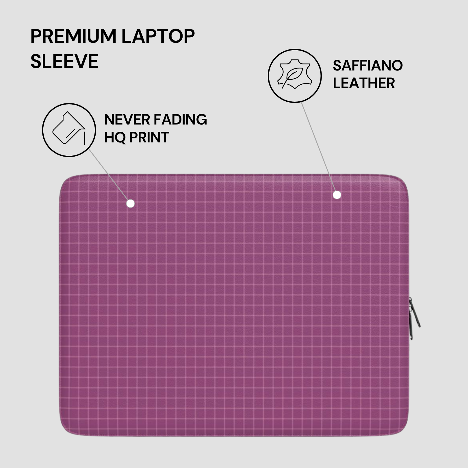 Purple laptop sleeve with saffiano leather finish and text highlighting features on a gray background