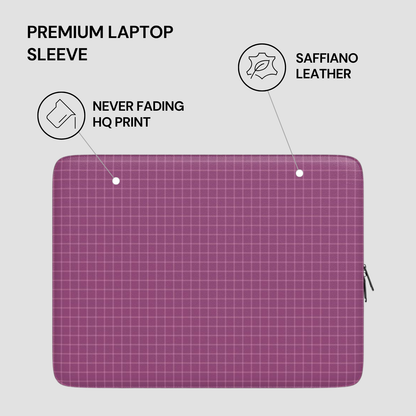 Purple laptop sleeve with saffiano leather finish and text highlighting features on a gray background
