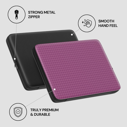 Purple grid-patterned case with black zipper on a light gray background, featuring text about features.