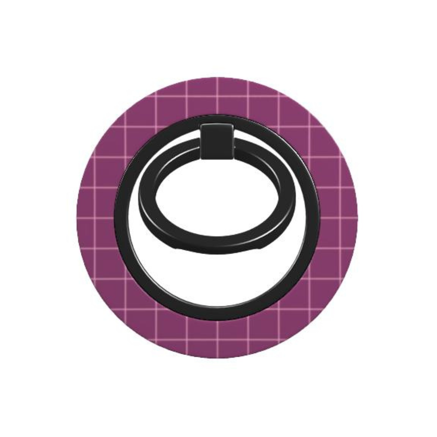 Black phone ring holder on a purple circular background with grid pattern
