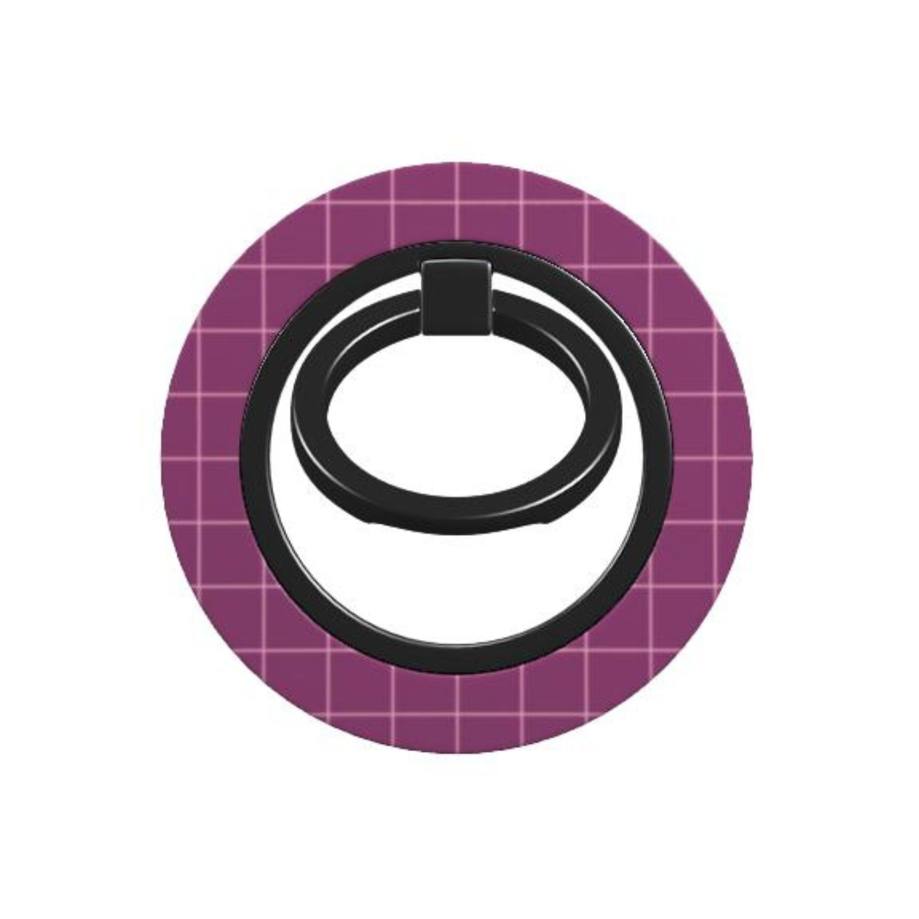 Black phone ring holder on a purple circular background with grid pattern