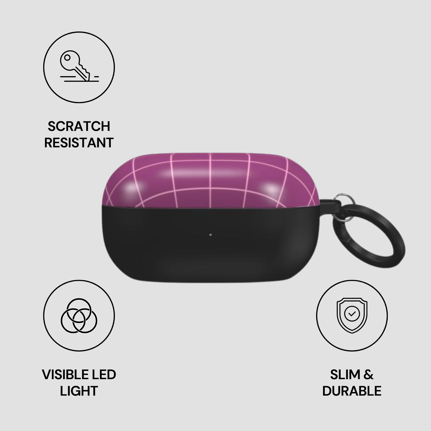 Black and purple case with keychain on a gray background, featuring scratch-resistant, visible LED light, slim, and durable attributes.