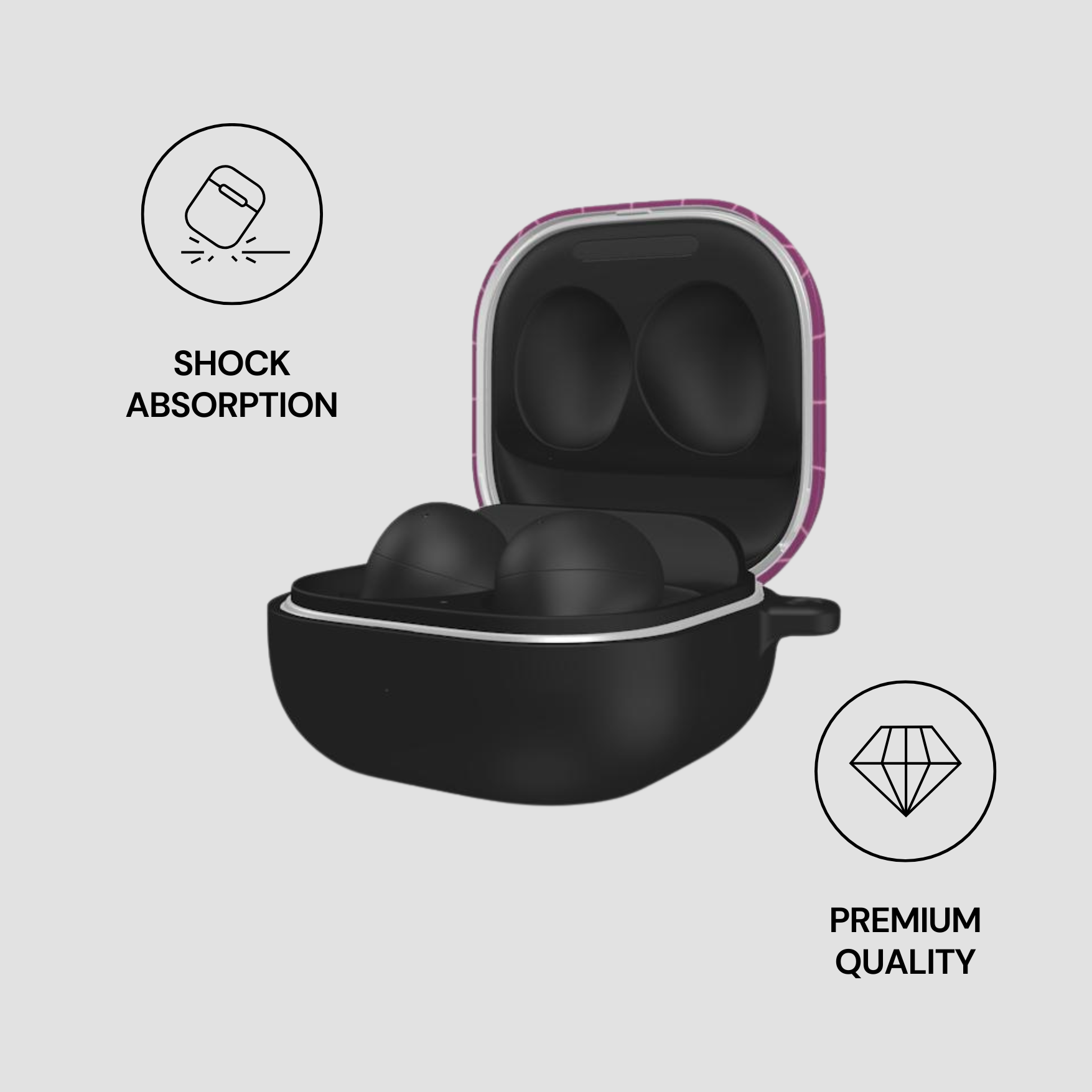 Black earbud case with colorful pattern on a white background, featuring icons for shock absorption and premium quality.