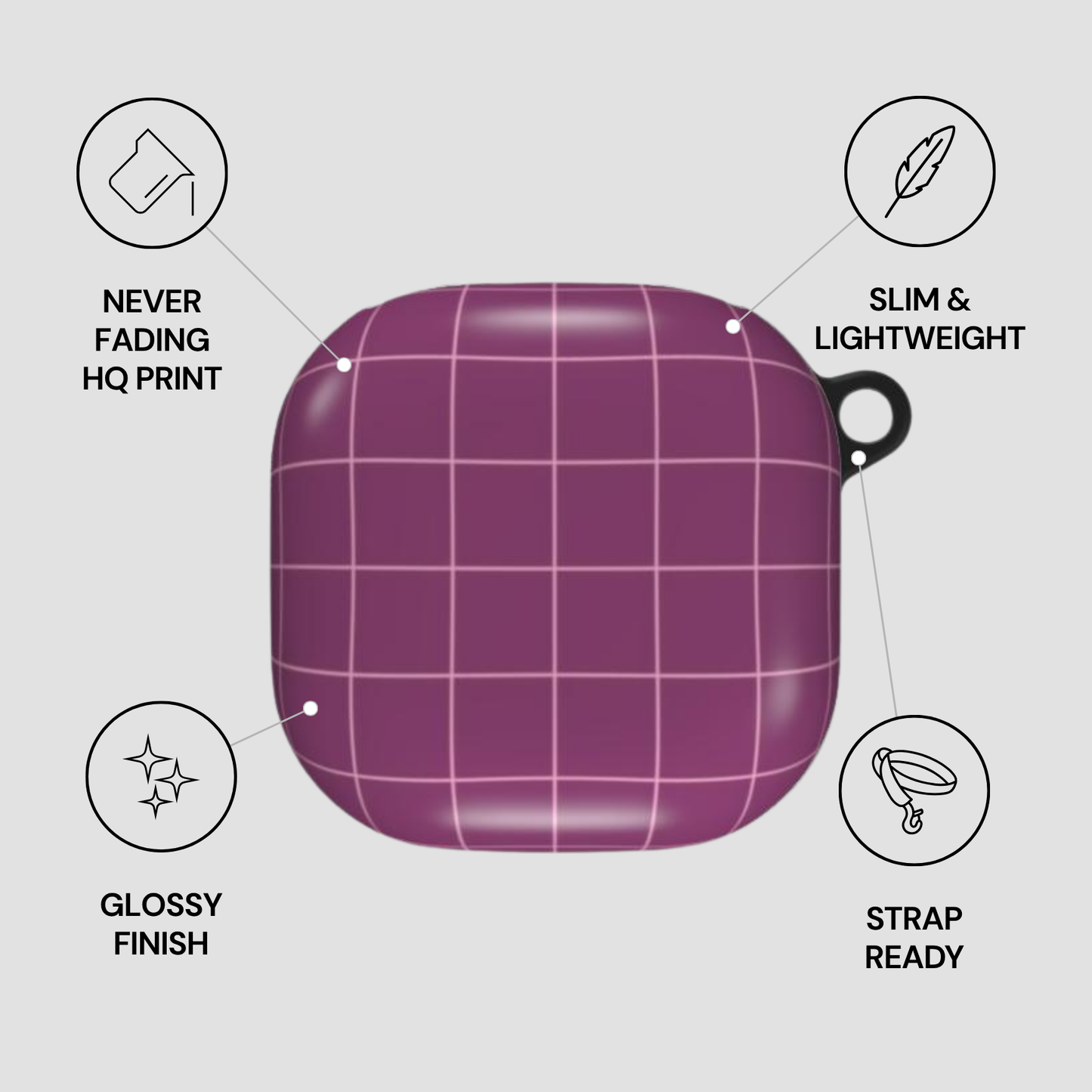 Purple grid-patterned case with features listed on a gray background