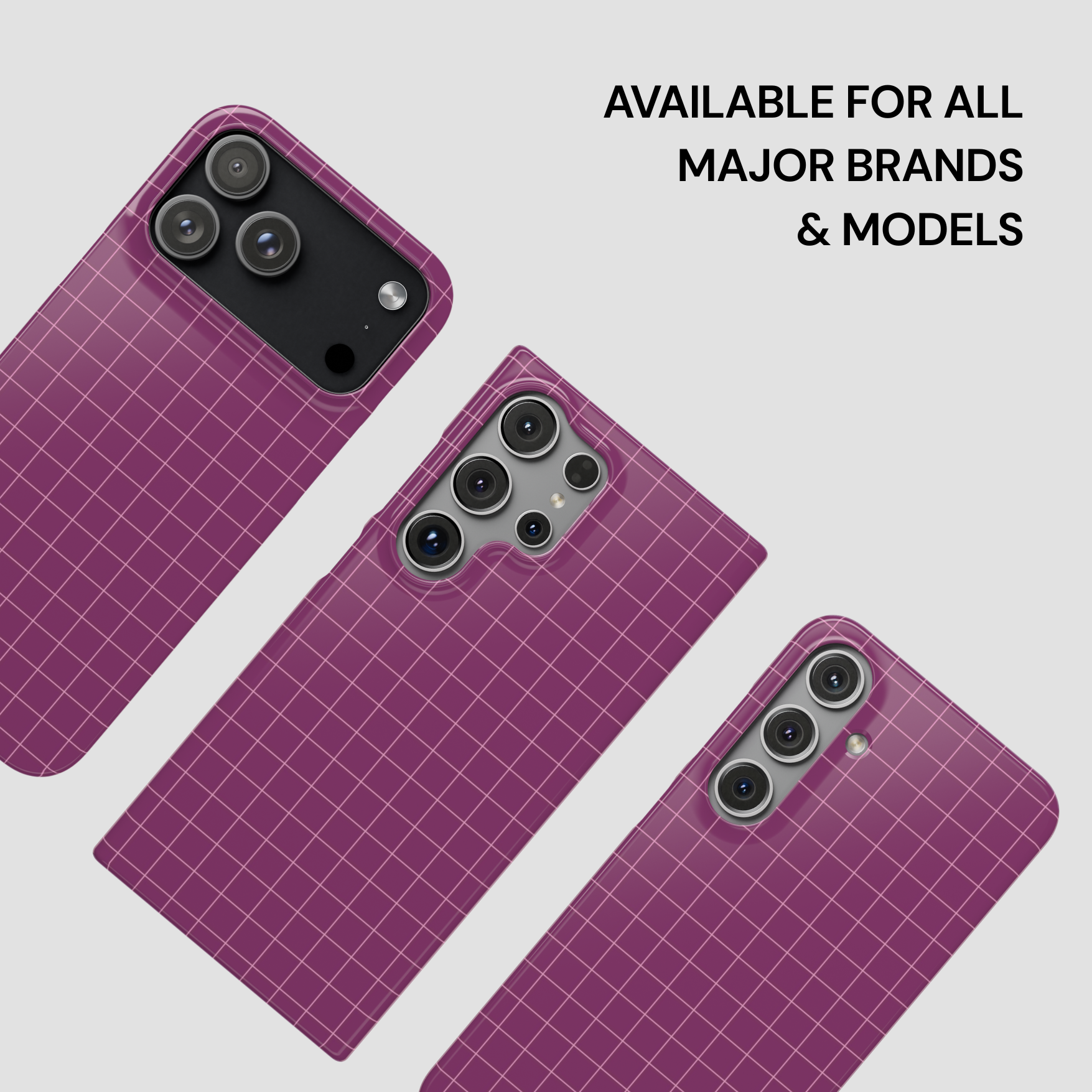 Three purple grid-patterned phone cases on a light gray background with text indicating compatibility.