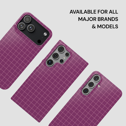 Three purple grid-patterned phone cases on a light gray background with text indicating compatibility.