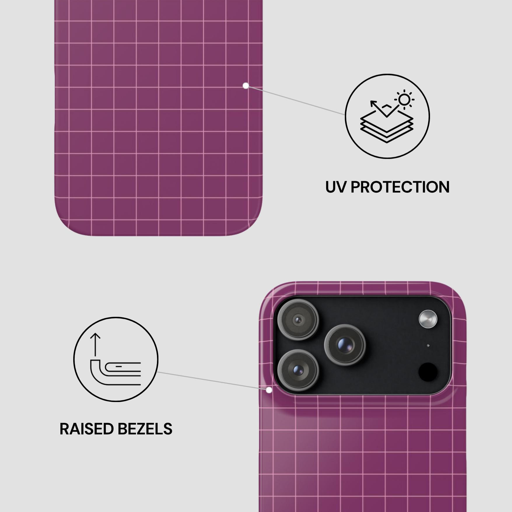 Purple grid-patterned phone case with UV protection and raised bezels features on a gray background.