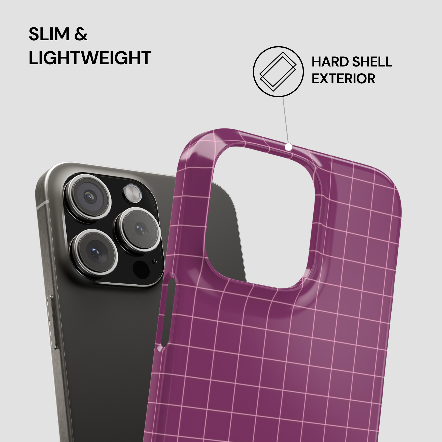 Purple phone case with grid pattern on a gray background, featuring text about slimness and hard shell exterior.