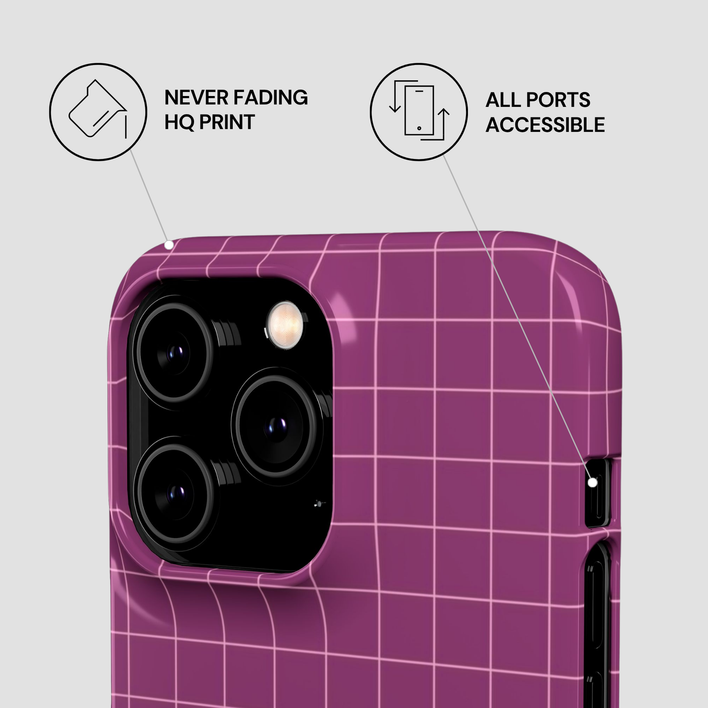 Purple grid-patterned phone case with features highlighted on a light gray background