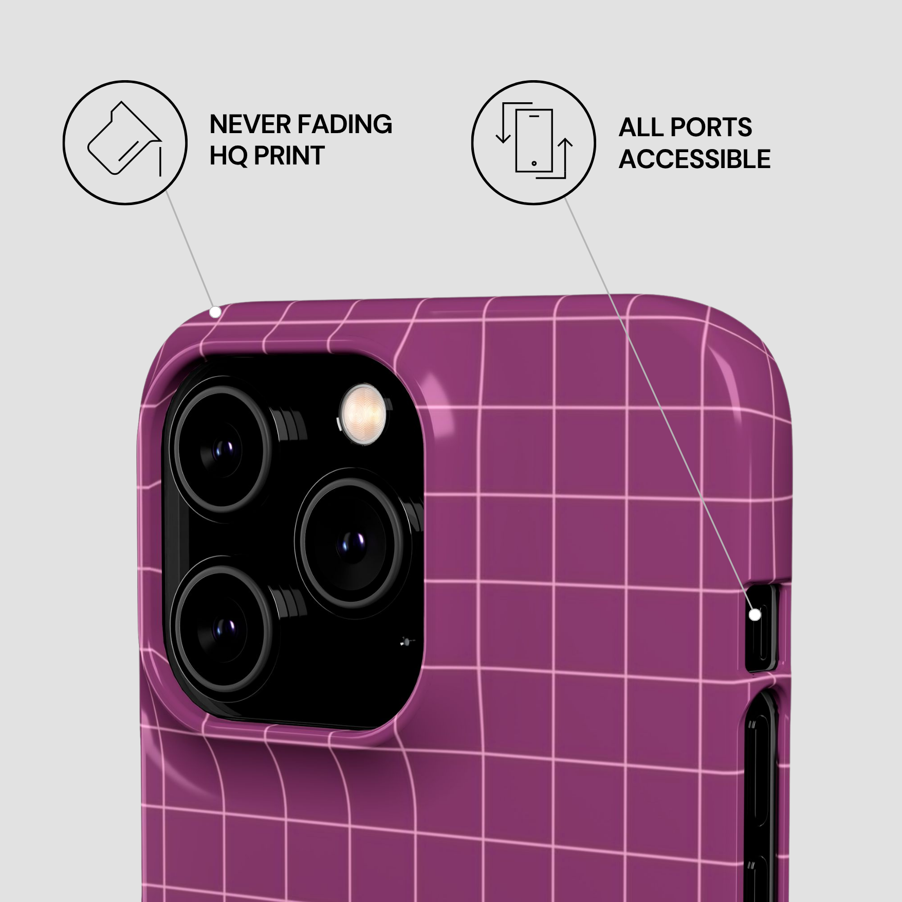 Purple grid-patterned phone case with features highlighted on a light gray background