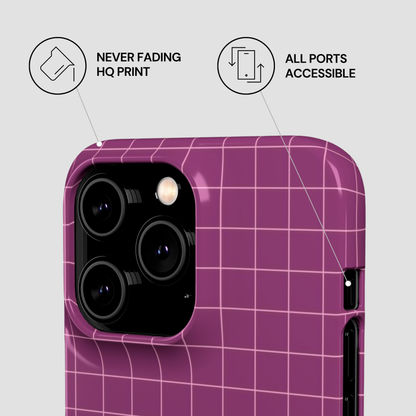 Purple grid-patterned phone case with features highlighted on a light gray background