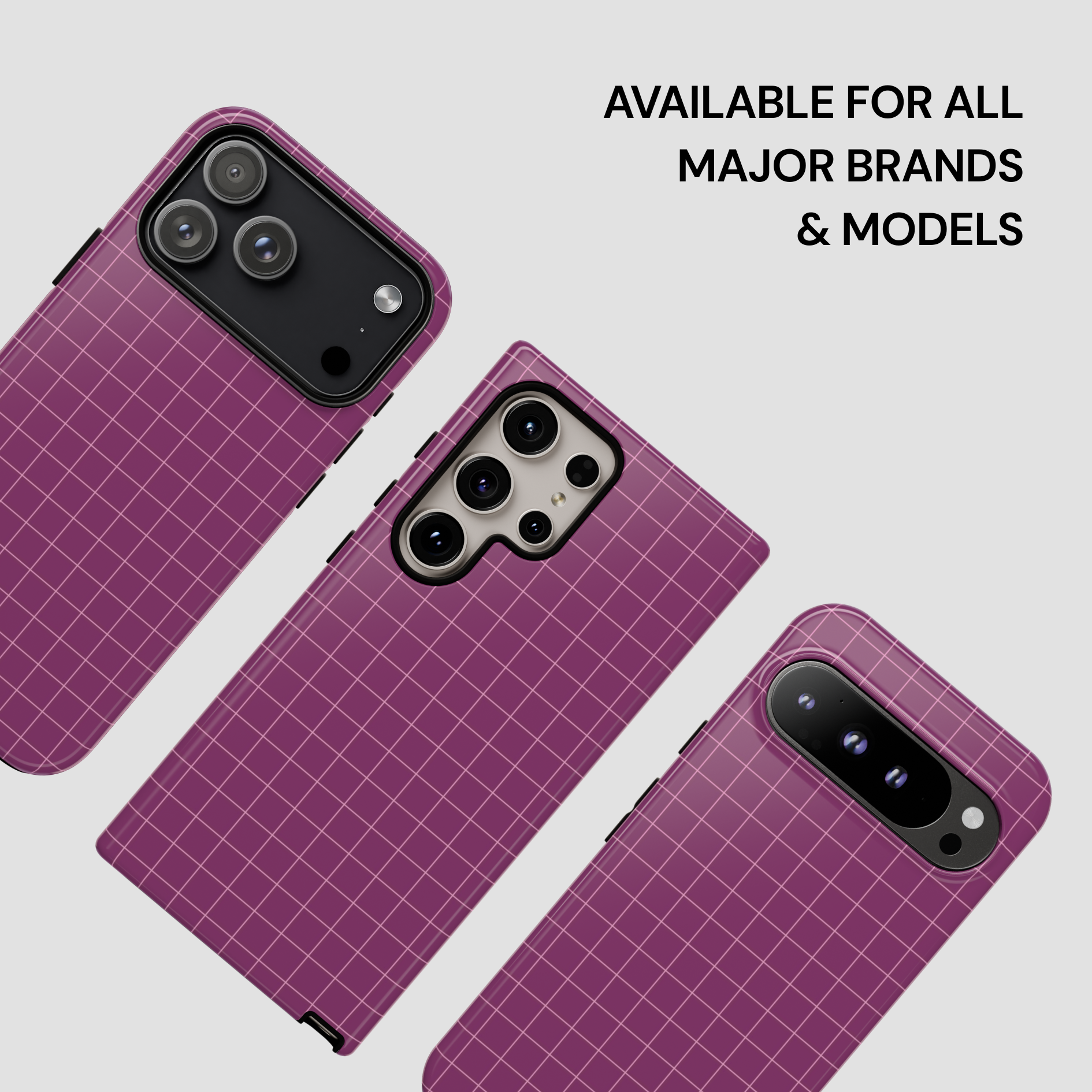 Purple grid-patterned phone case on a light gray background with text 'Available for all major brands & models'.