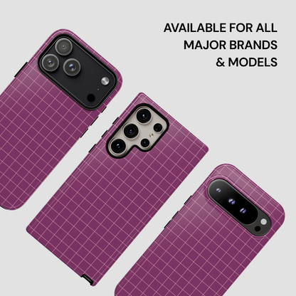 Purple grid-patterned phone case on a light gray background with text 'Available for all major brands & models'.