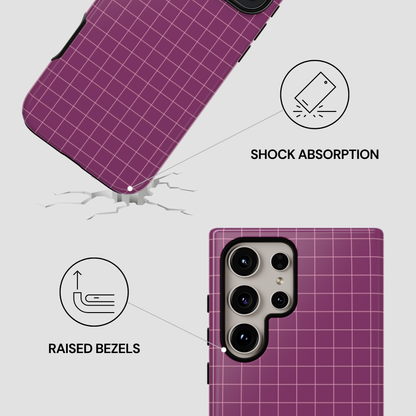 Purple grid-patterned phone case with shock absorption and raised bezels features on a white background