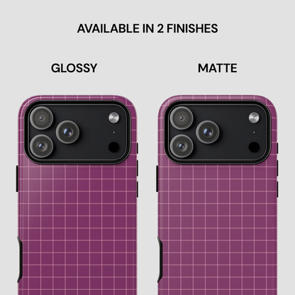 Two phone cases with grid pattern, one glossy and one matte, on a light gray background.