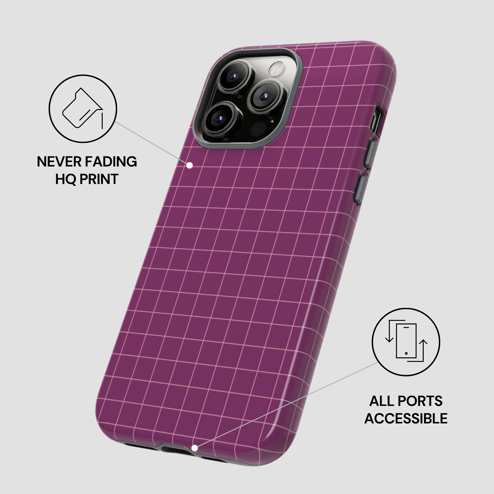 Purple grid-patterned phone case with text indicating 'Never Fading HQ Print' and 'All Ports Accessible' on a light gray background.