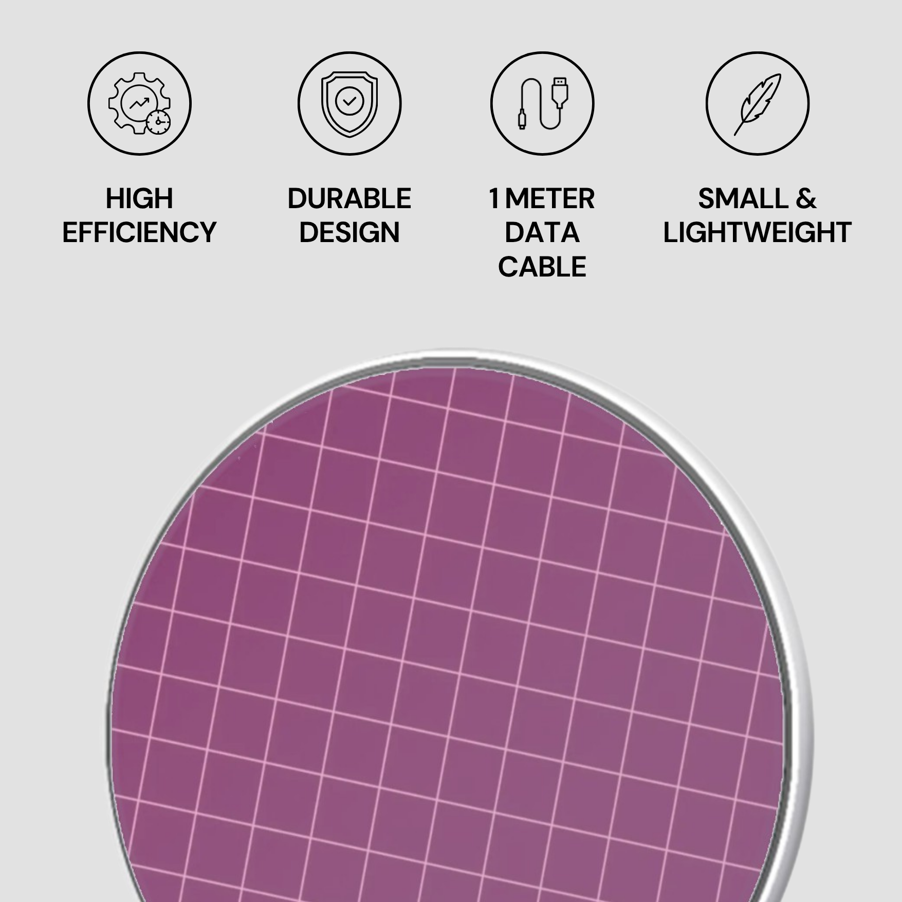 Purple grid pattern with icons and text on a gray background