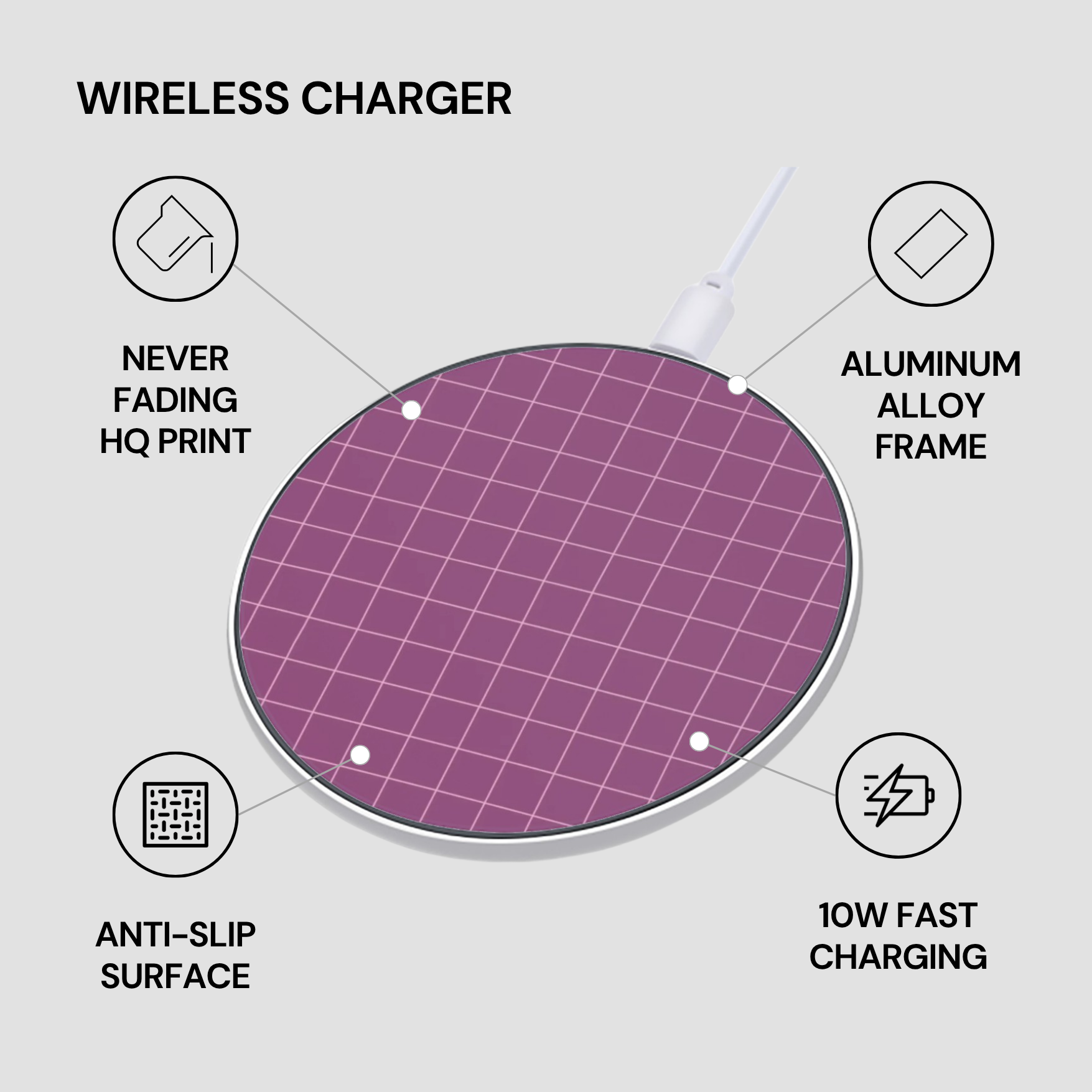 Wireless charger with features listed on a gray background