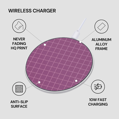 Wireless charger with features listed on a gray background