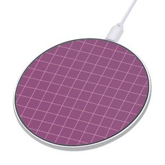 Round wireless charging pad with purple grid pattern on a white background