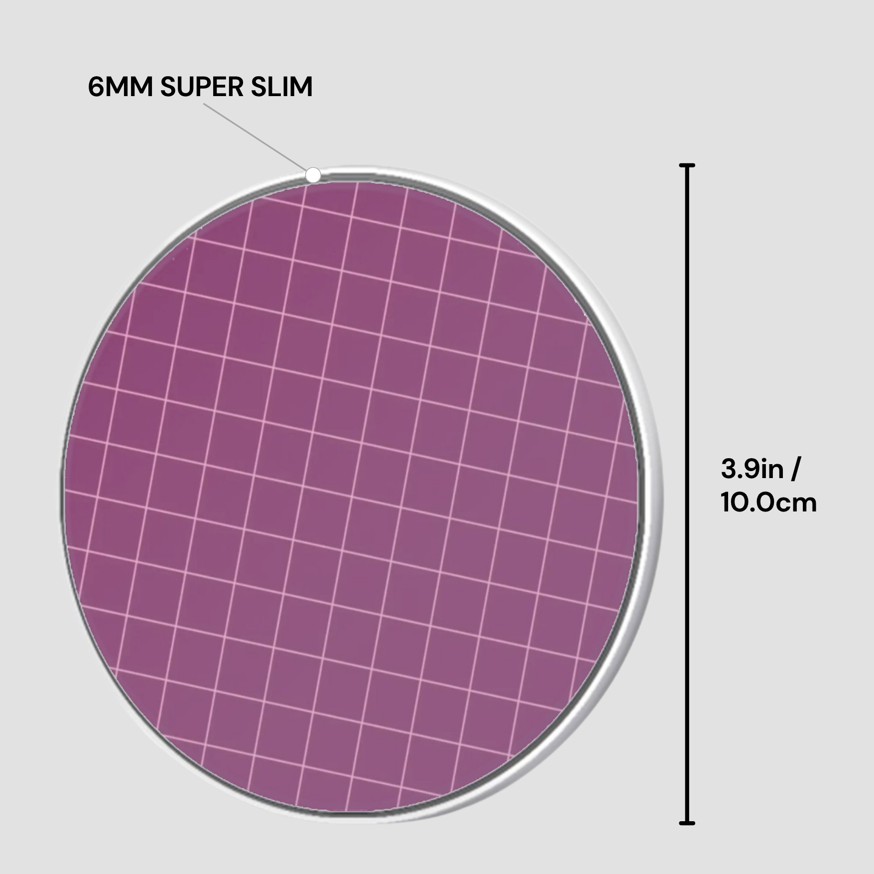 Purple circular object with grid pattern labeled '6MM SUPER SLIM' and dimensions on a gray background