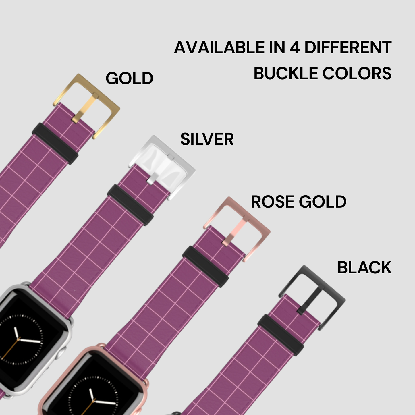 Purple grid-patterned watch band with gold, silver, rose gold, and black buckles on a light gray background.