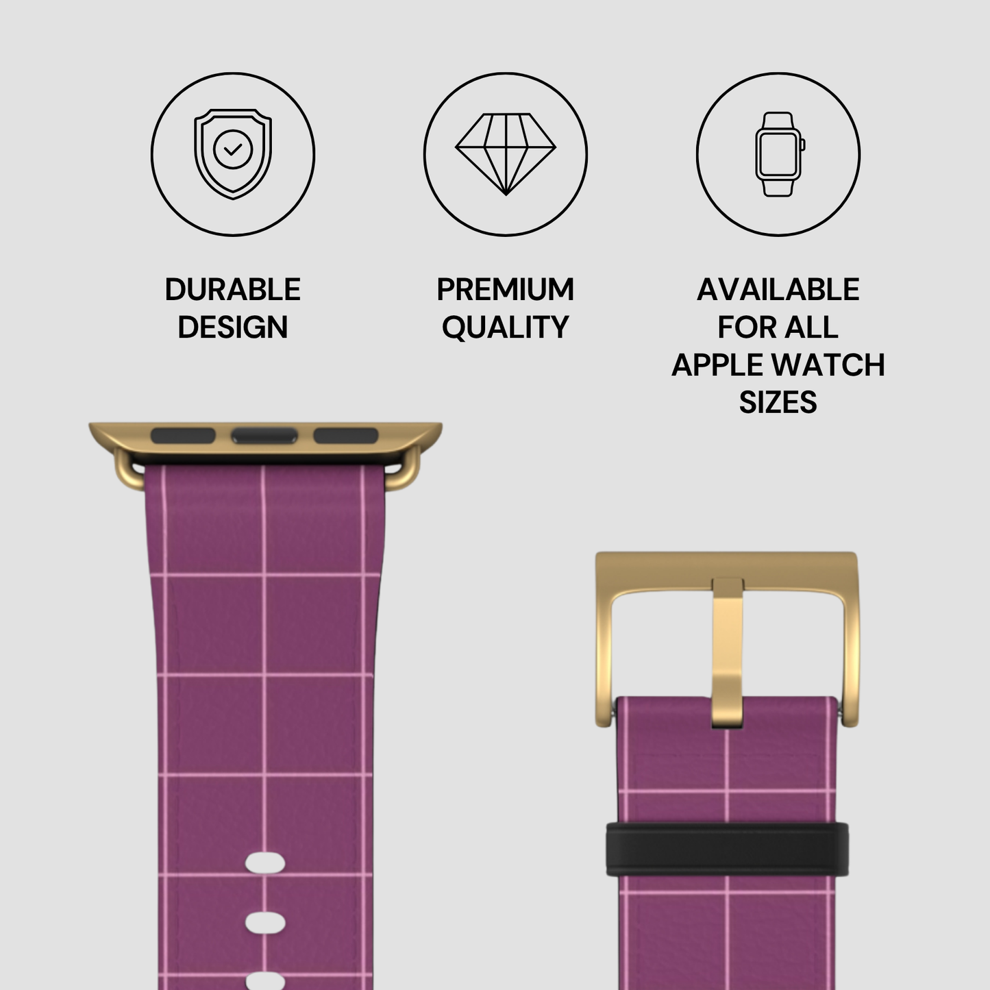 Purple checkered watch band with gold buckle on a light gray background, featuring durability, quality, and size availability text.