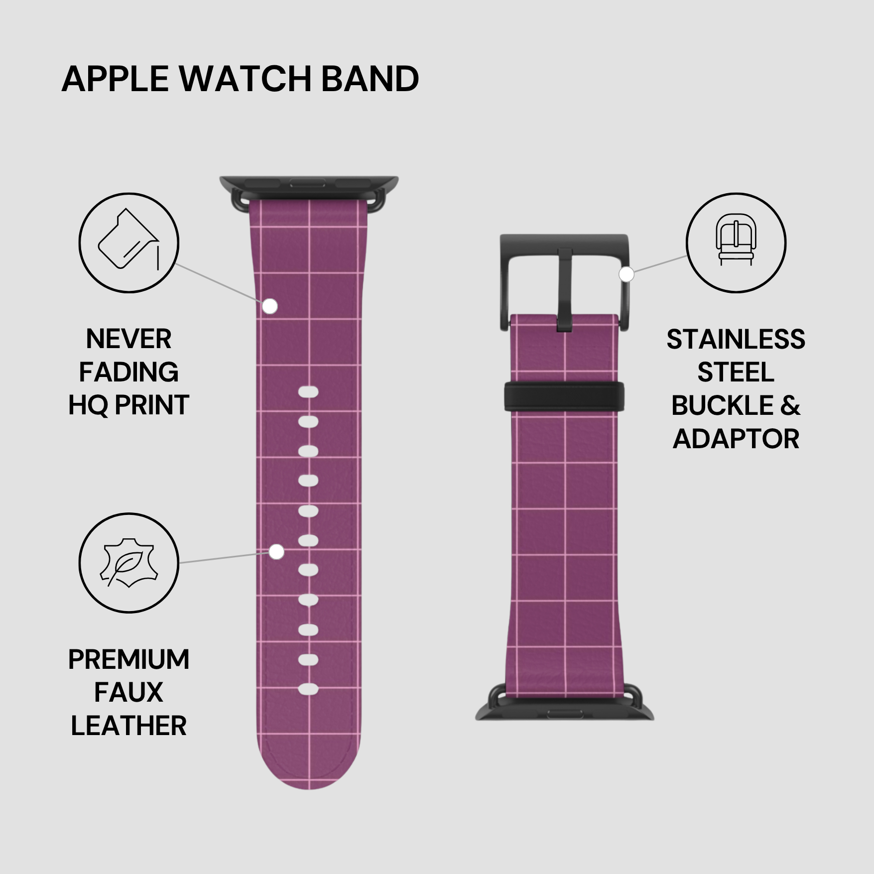 Purple grid-patterned Apple Watch band with black buckle and adaptor on a light gray background.