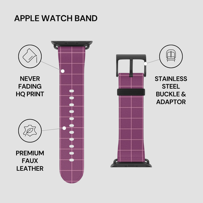 Purple grid-patterned Apple Watch band with black buckle and adaptor on a light gray background.