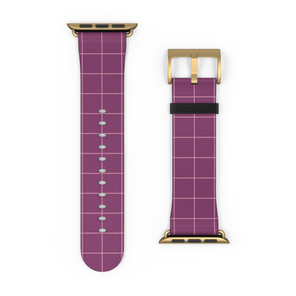 Purple grid-patterned watch strap with gold buckle on a white background