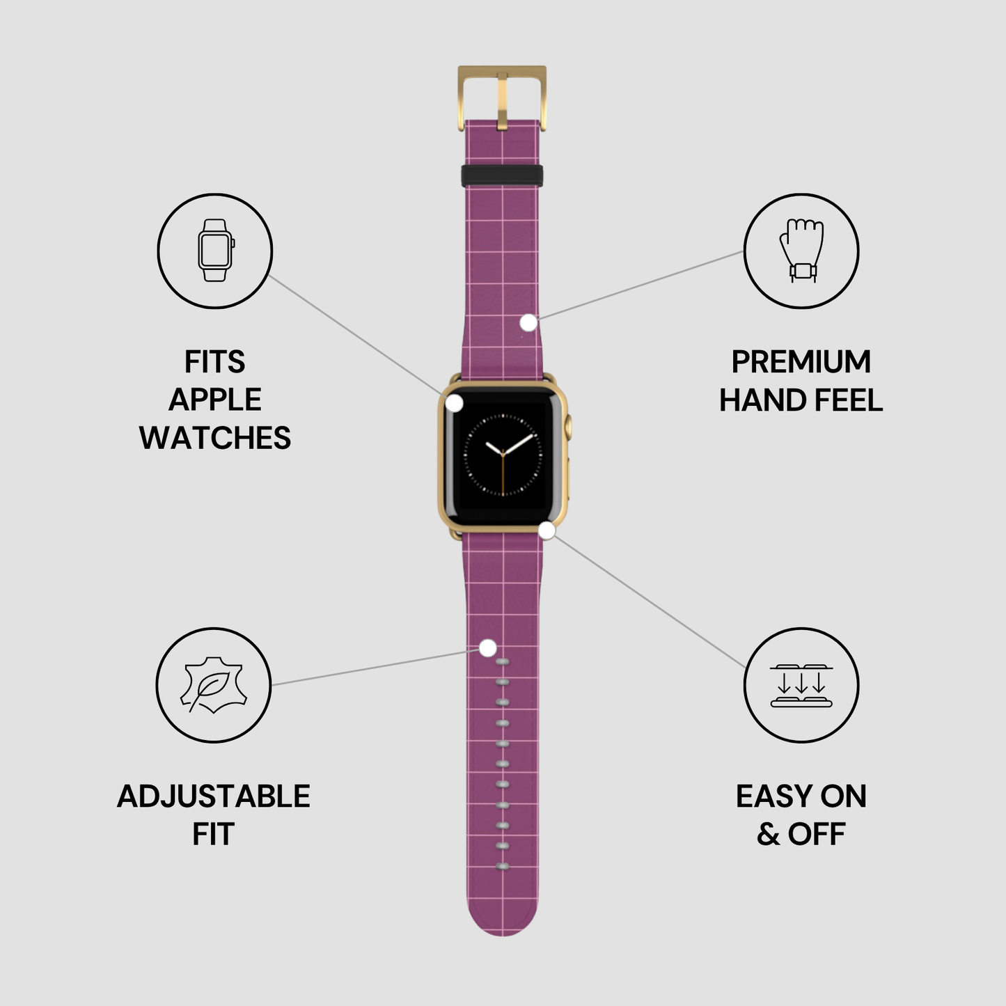 Purple watch strap with gold accents on a gray background, featuring text about compatibility and features.