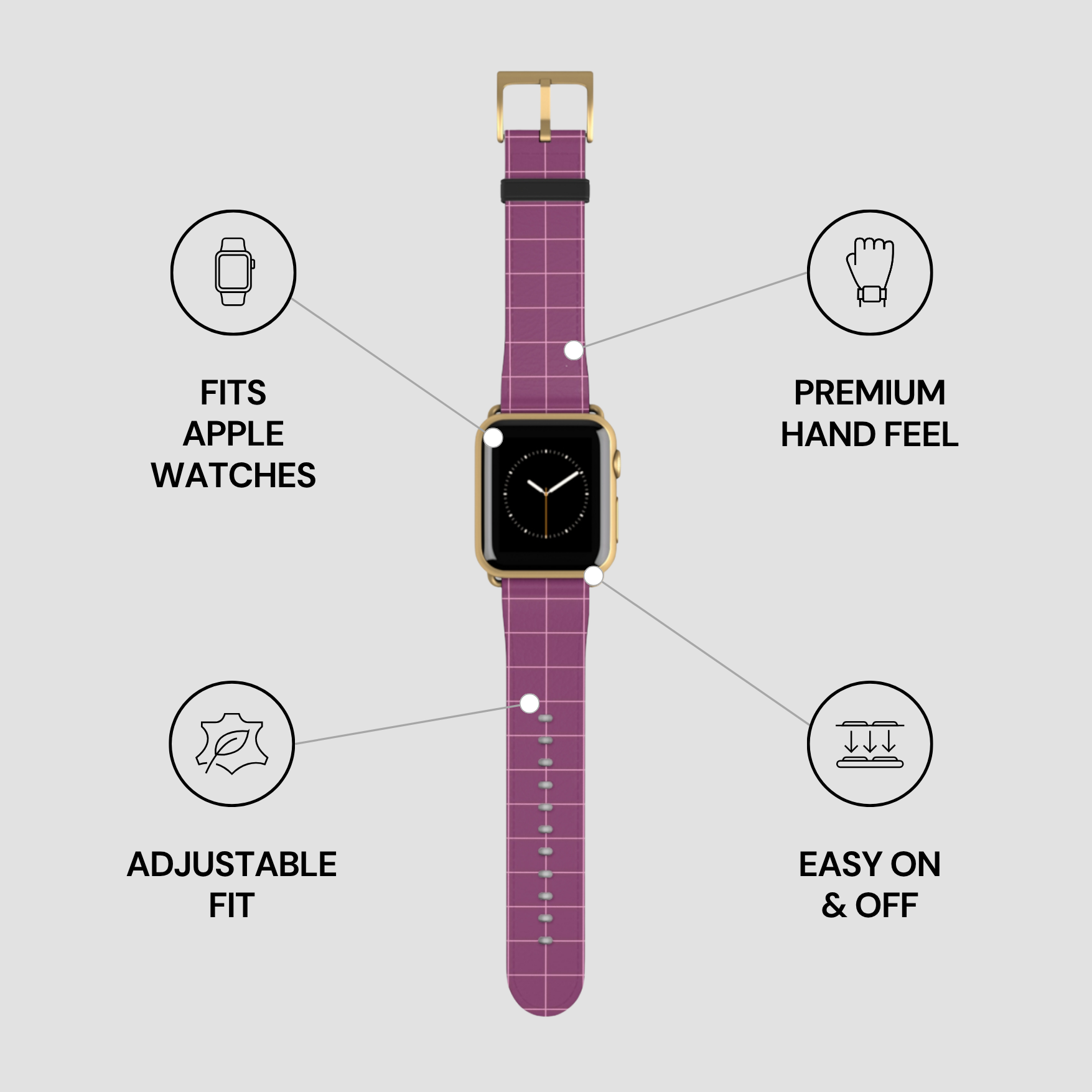 Purple watch strap with gold accents on a gray background, featuring text about compatibility and features.