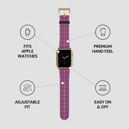 Purple watch strap with gold accents on a gray background, featuring text about compatibility and features.