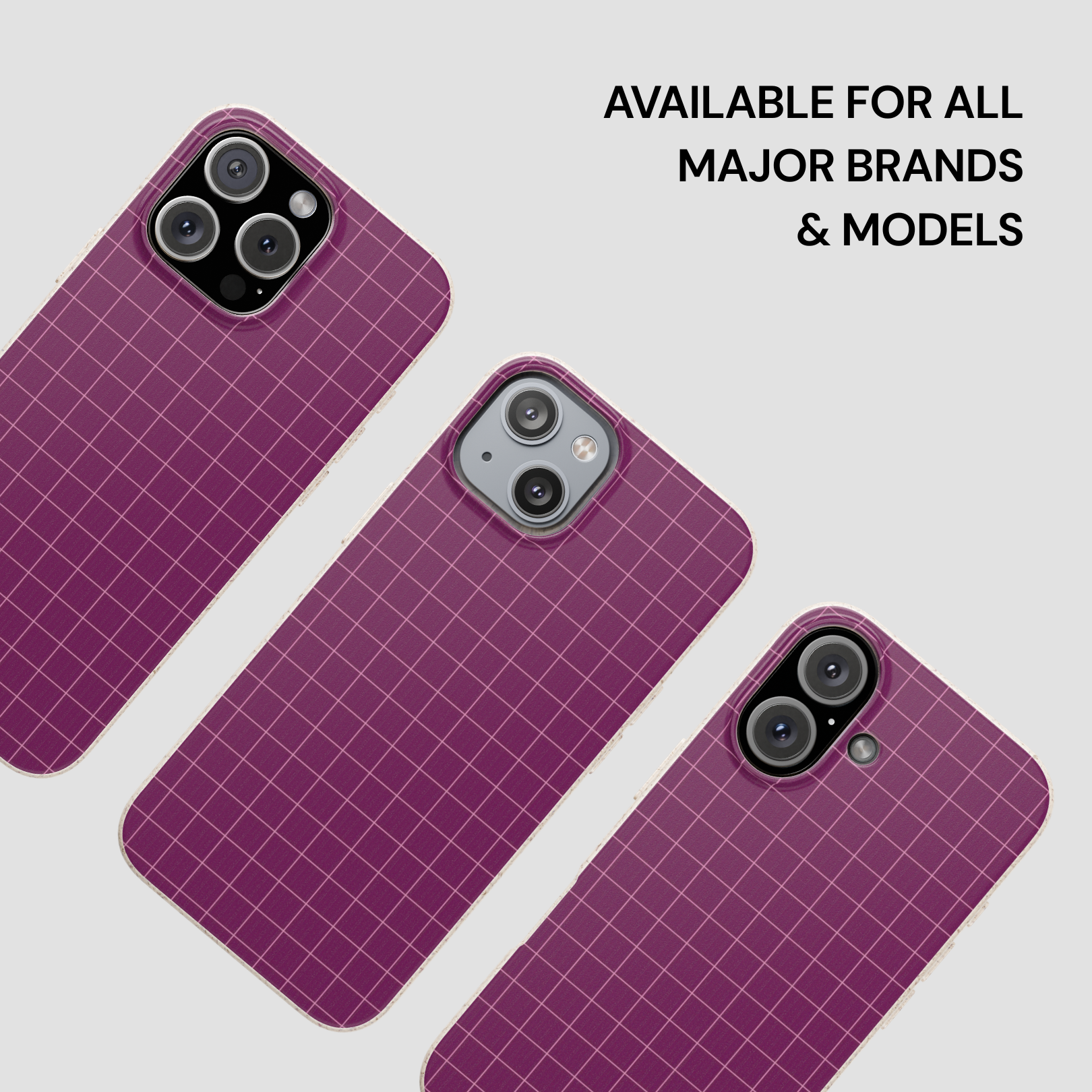 Three purple grid-patterned phone cases on a light gray background with text indicating compatibility.