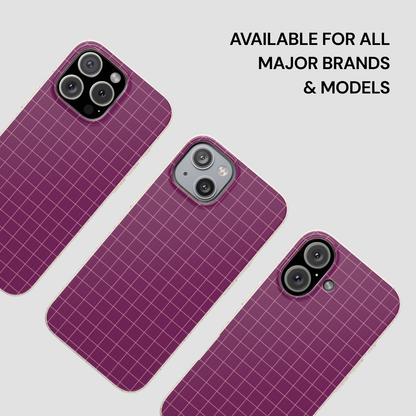 Three purple grid-patterned phone cases on a light gray background with text indicating compatibility.
