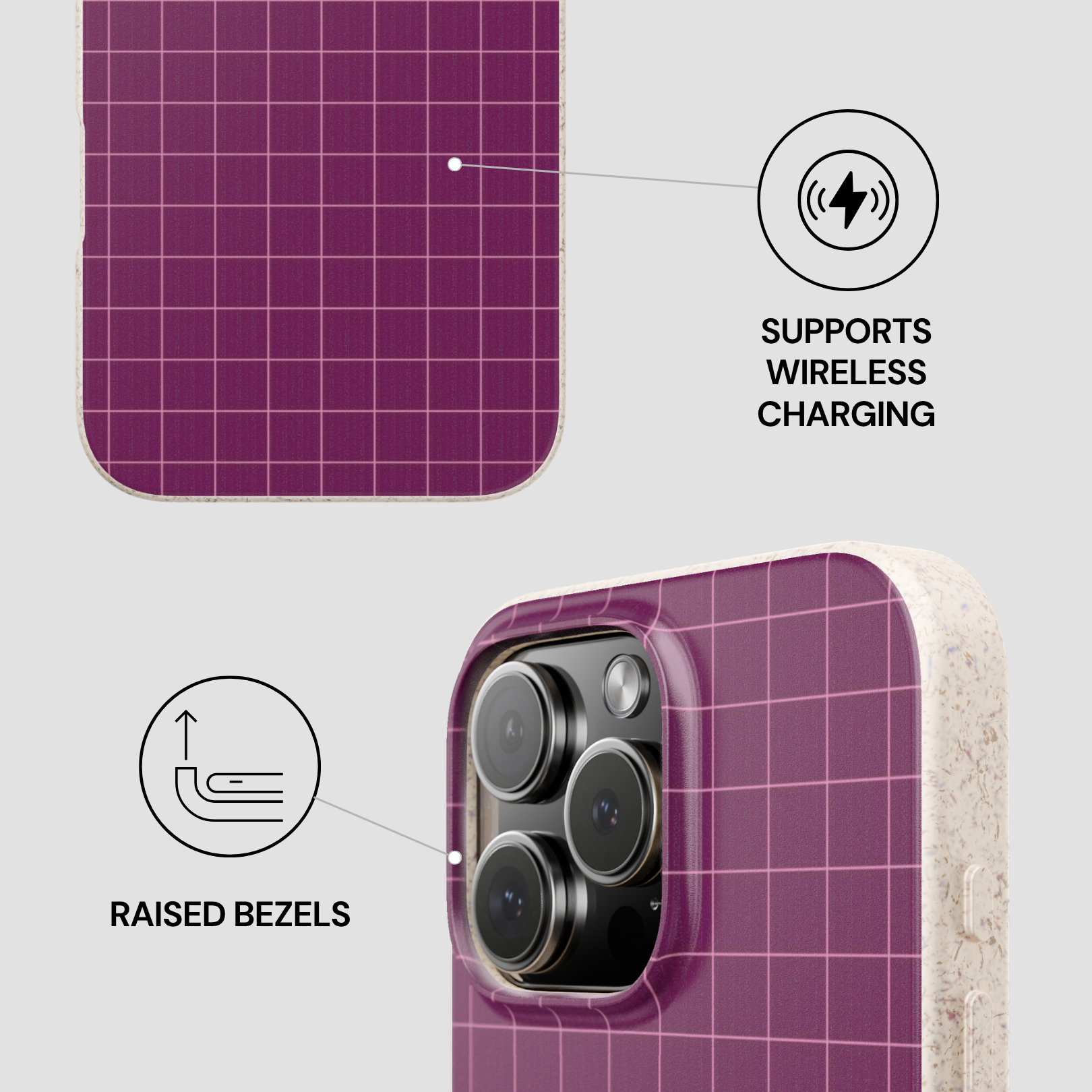Purple phone case with grid pattern, wireless charging symbol, and raised bezels text on a gray background