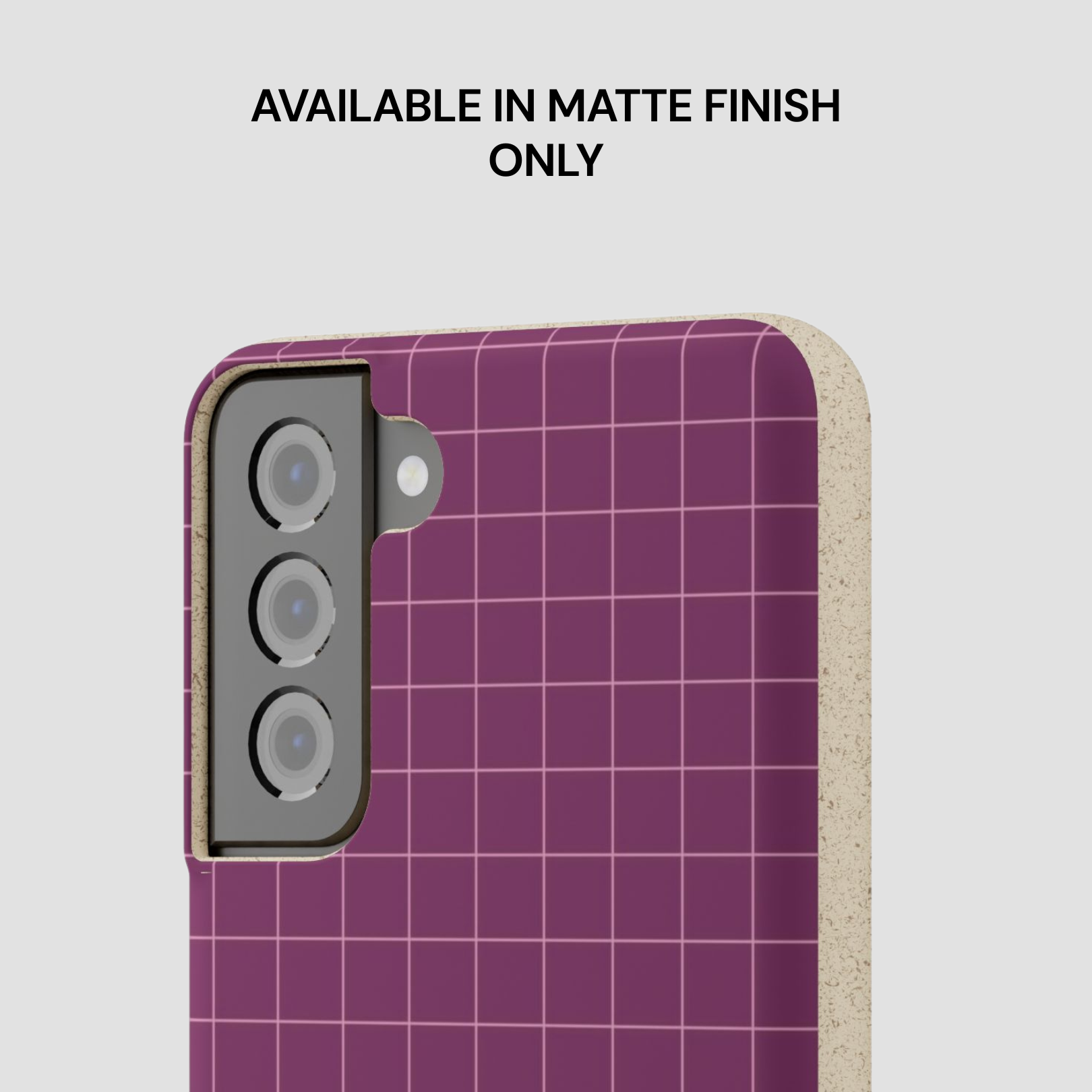 Purple grid patterned phone case with text indicating matte finish only on a light gray background