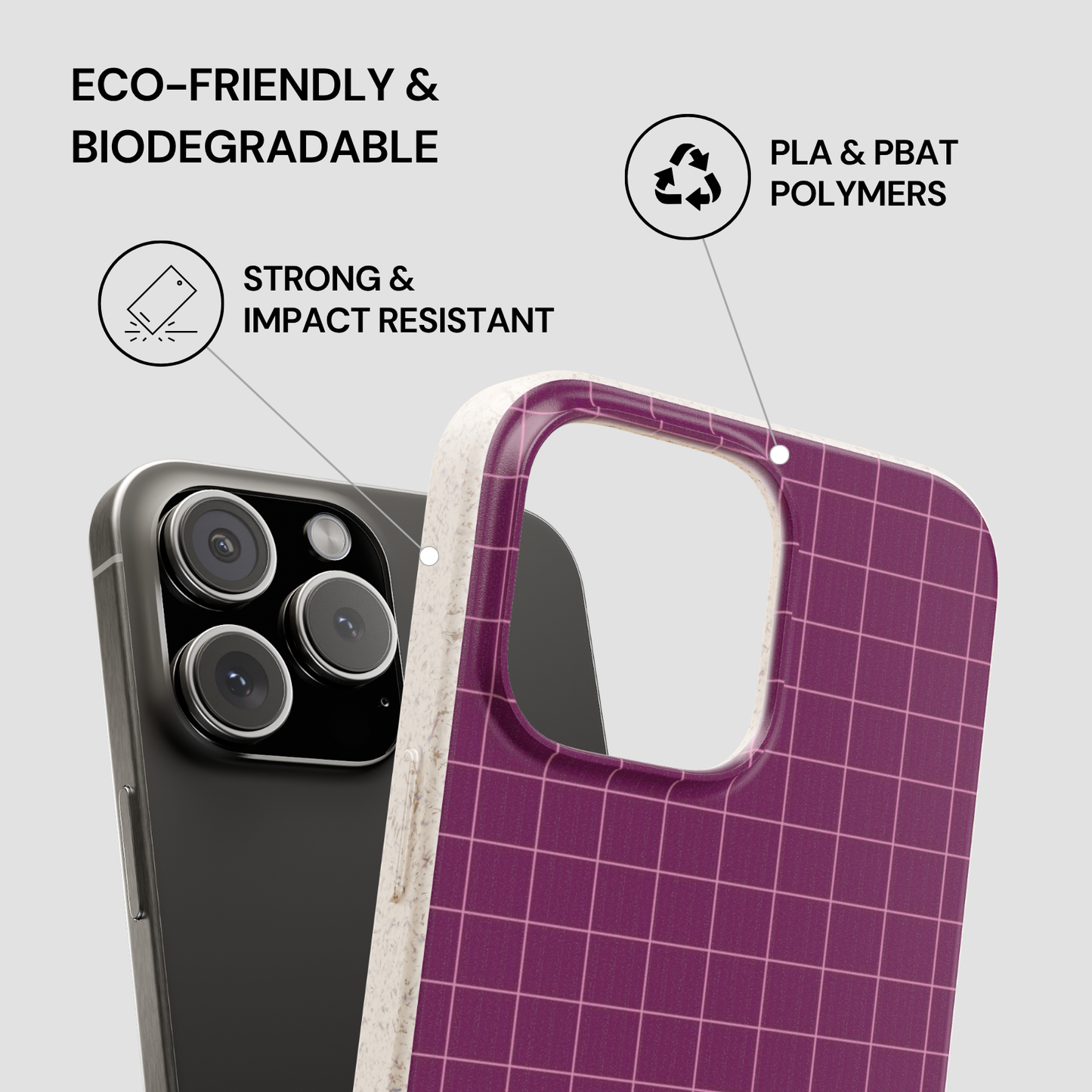 Purple grid-patterned phone case with eco-friendly and biodegradable features on a gray background