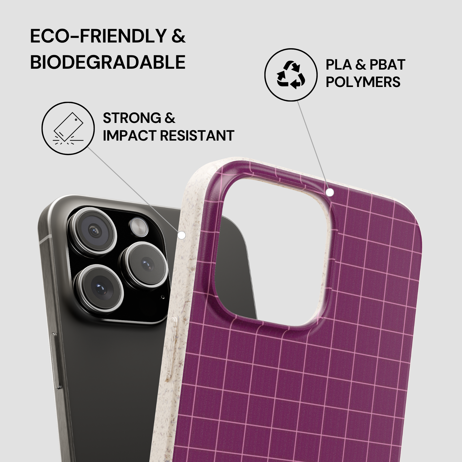Purple grid-patterned phone case with eco-friendly and biodegradable features on a gray background