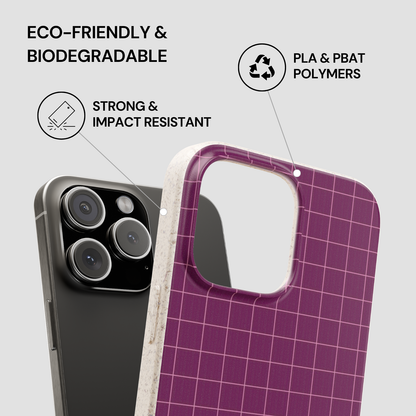 Purple grid-patterned phone case with eco-friendly and biodegradable features on a gray background