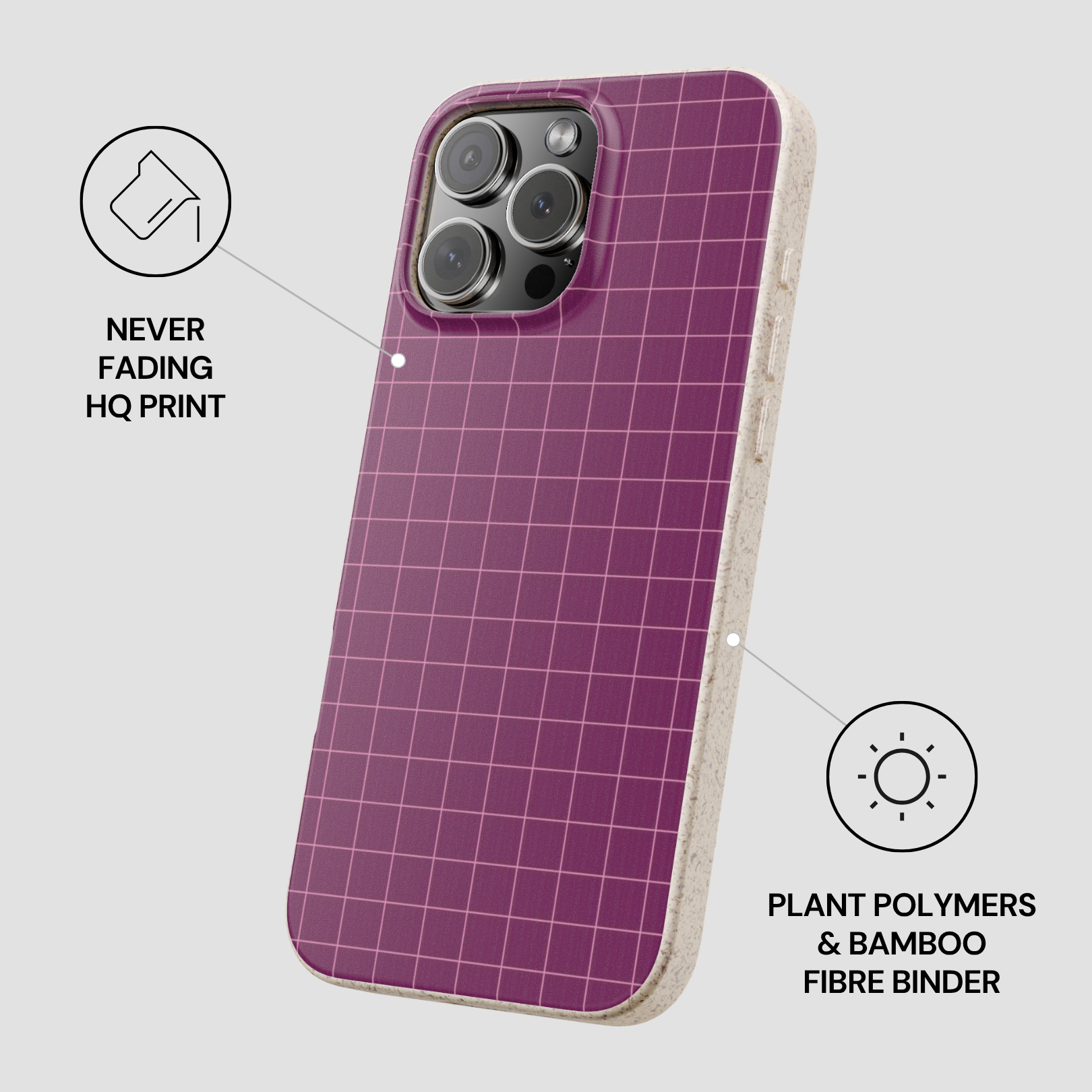Purple grid-patterned phone case with plant polymers and bamboo fiber binder on a light gray background