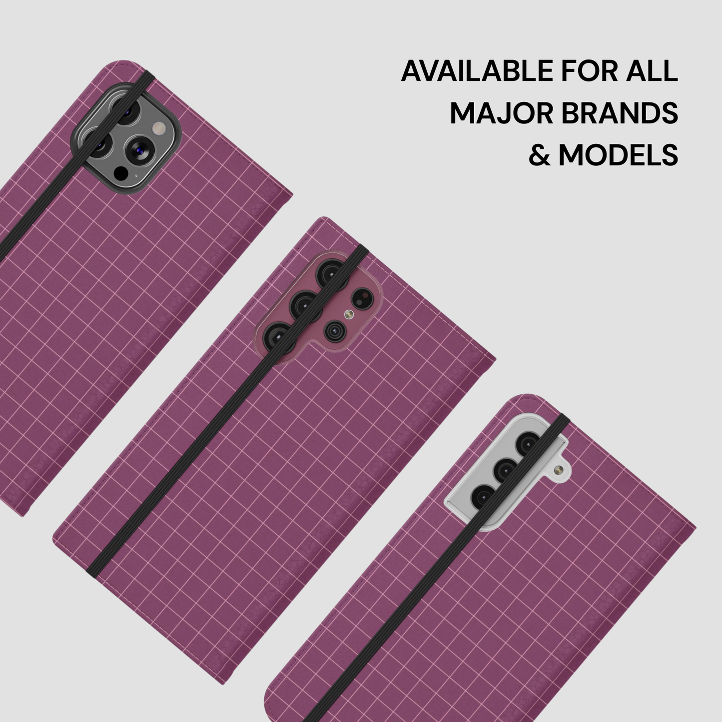 Three purple grid-patterned phone cases on a light gray background with text indicating compatibility for major brands and models.