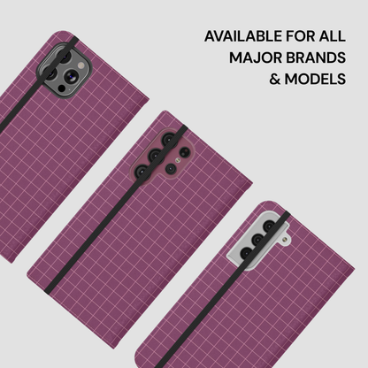 Three purple grid-patterned phone cases on a light gray background with text indicating compatibility for major brands and models.