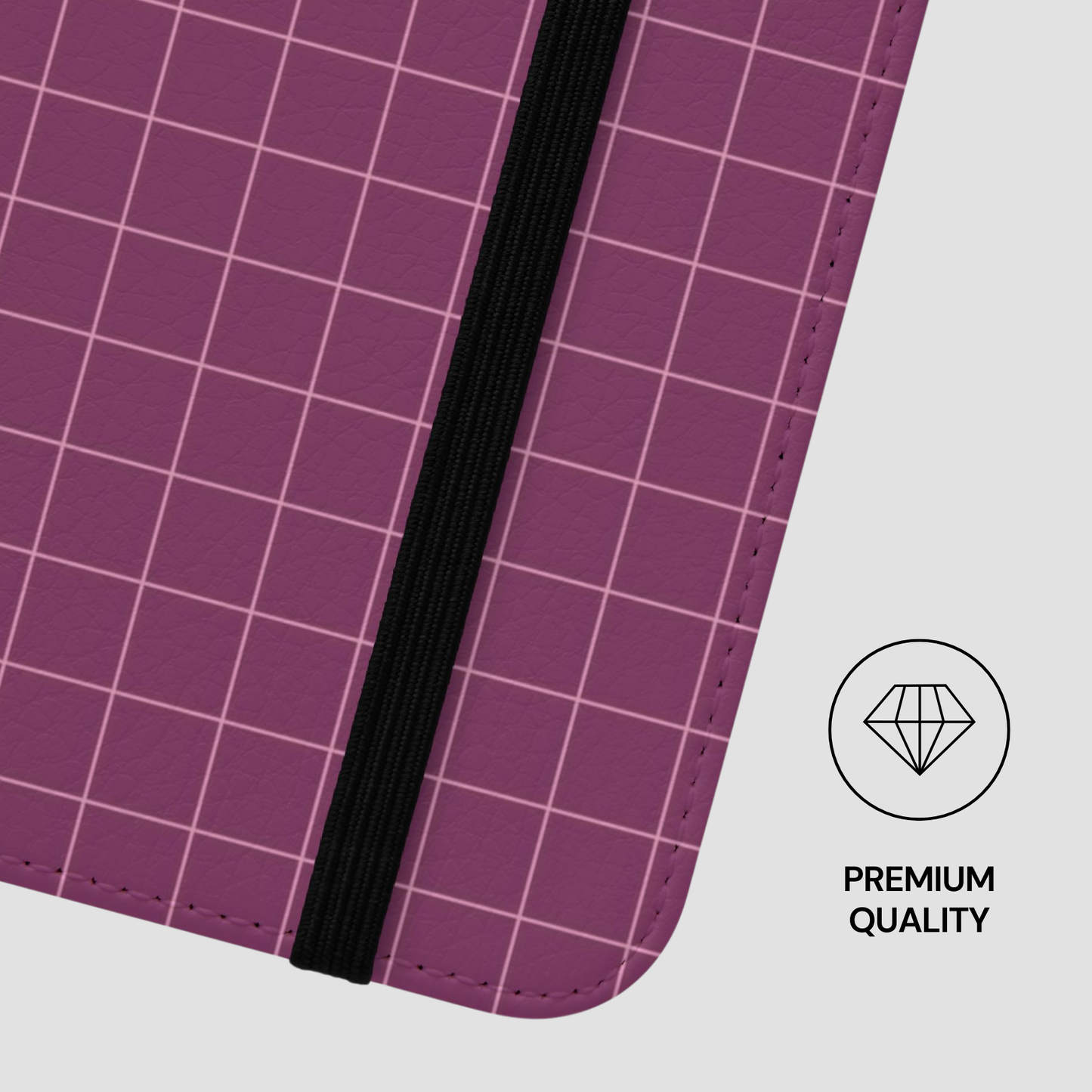 Purple grid-patterned product with a black strip on a light gray background, featuring a 'Premium Quality' label.