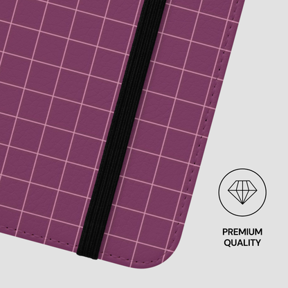 Purple grid-patterned product with a black strip on a light gray background, featuring a 'Premium Quality' label.