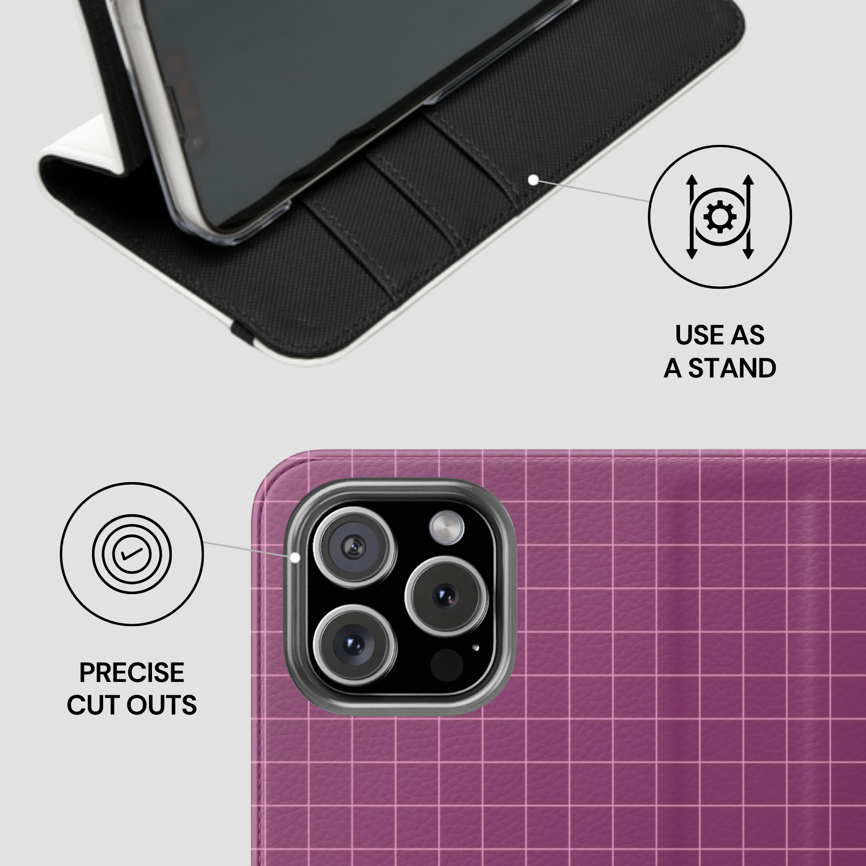 Phone case with stand feature and camera cutout on a white background
